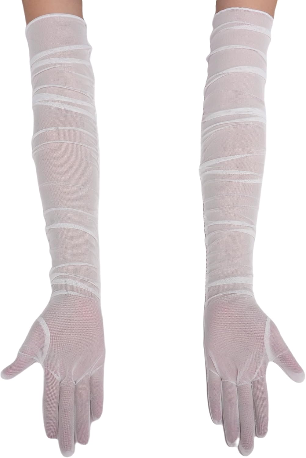 Pale pink long sheer mesh gloves with striped bands and openwork full fingers.