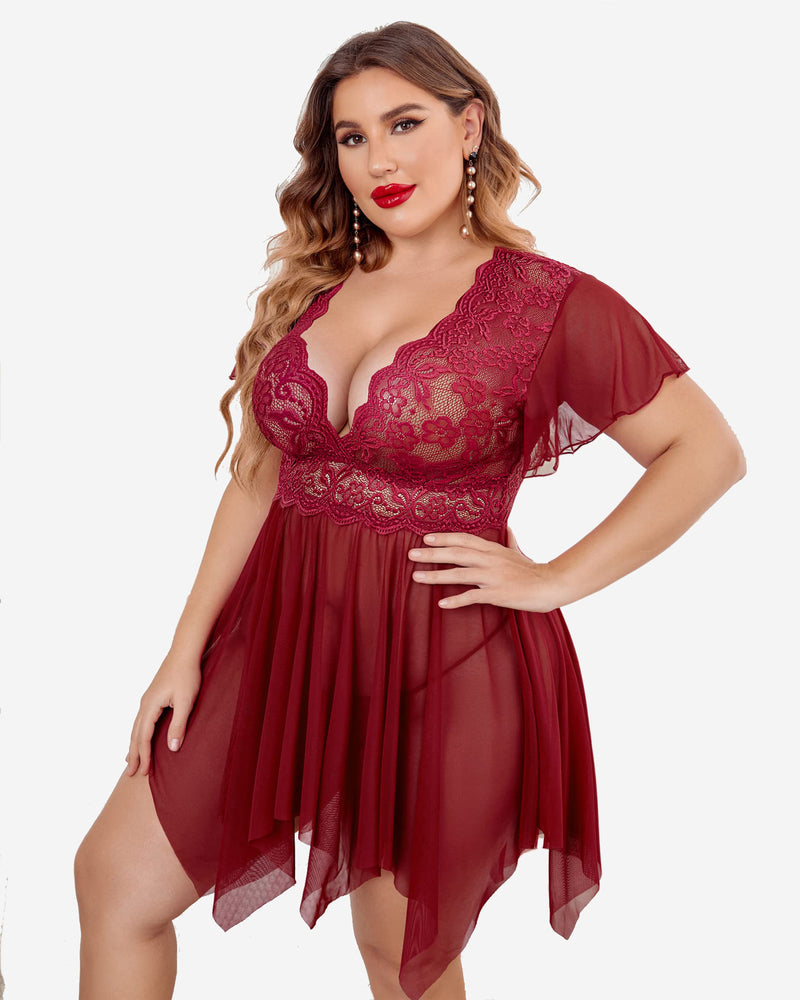 Deep red lace babydoll lingerie with plunging neckline and flutter sleeve