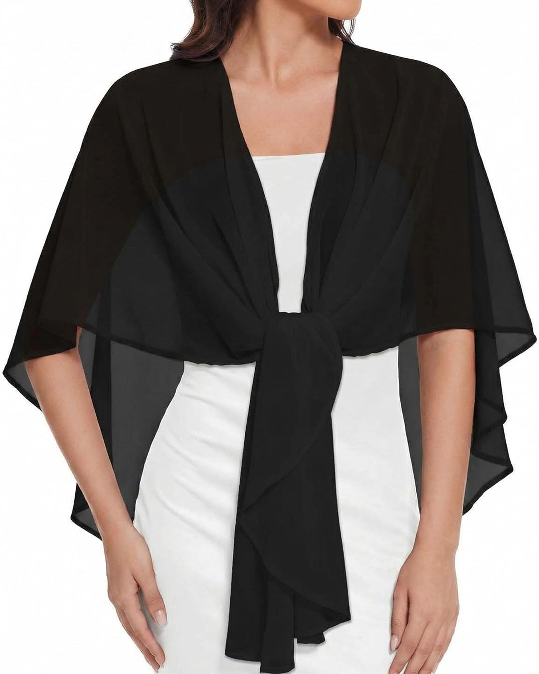 Sheer chiffon shawl wrap, black, draped front with short cape sleeves