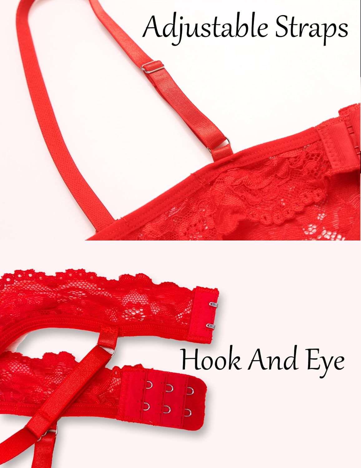 Red lace teddy with adjustable straps and hook-and-eye closure