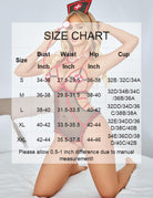 Nurse bodysuit size chart overlay; back view white mesh with red trim and straps