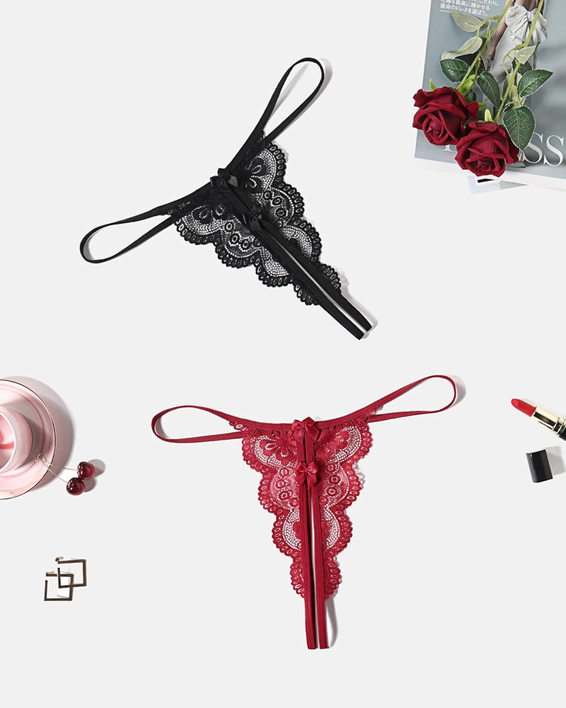 Black and red lace low-rise thong panties with front bows and scalloped trim