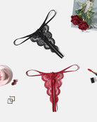 Black and red lace low-rise thong panties with front bows and scalloped trim