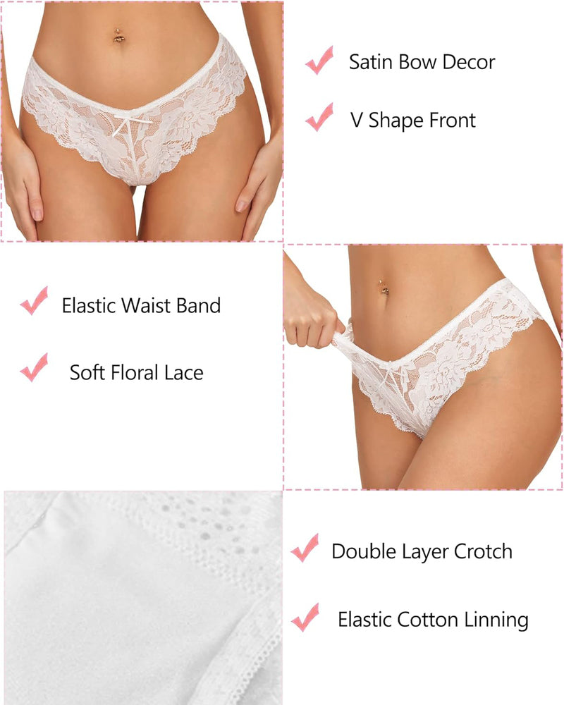 White floral lace hipster panties with elastic waistband and double-layer crotch