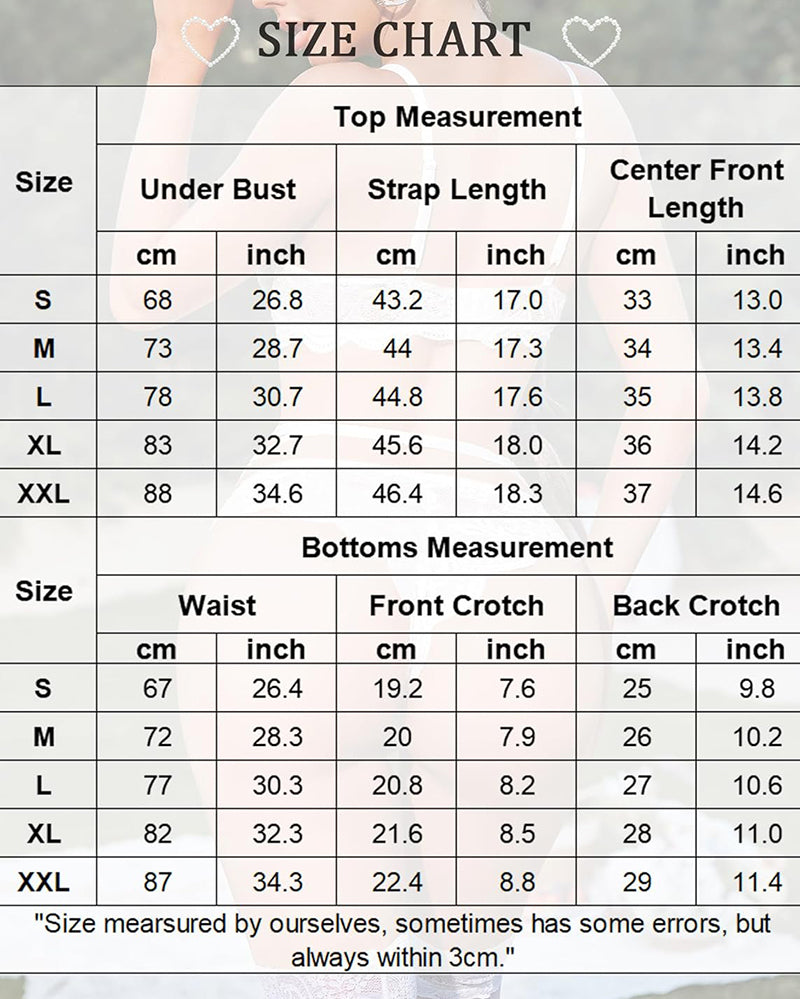 Size chart table with top and bottoms measurements for corset sets.