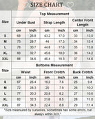 Size chart table with top and bottoms measurements for corset sets.