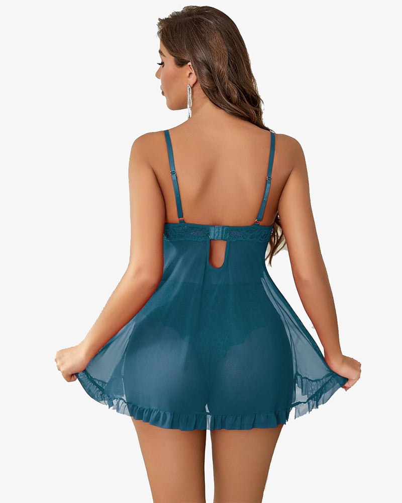 Blue-green lace lingerie dress with adjustable straps and back keyhole cutout