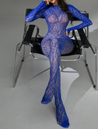 Blue fishnet mesh bodysuit with long sleeves and high-cut leg openings