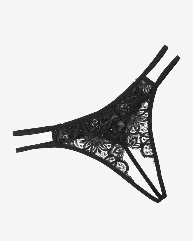 Black floral lace thong briefs with cute bow
