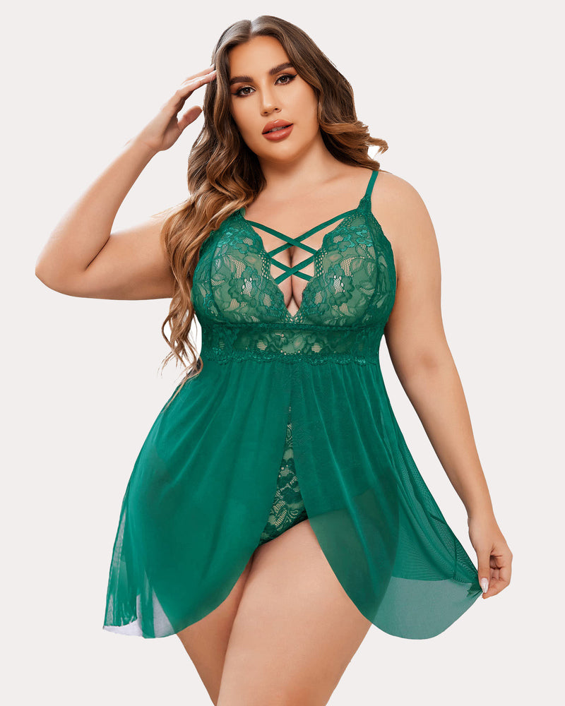 Plus size lace nighty, green sheer babydoll with lace cups, crisscross neckline, V-cut