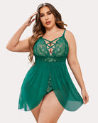 Plus size lace nighty, green sheer babydoll with lace cups, crisscross neckline, V-cut