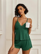 Green lace-trim cami and shorts pajama set with V-neck lace cups and thin straps