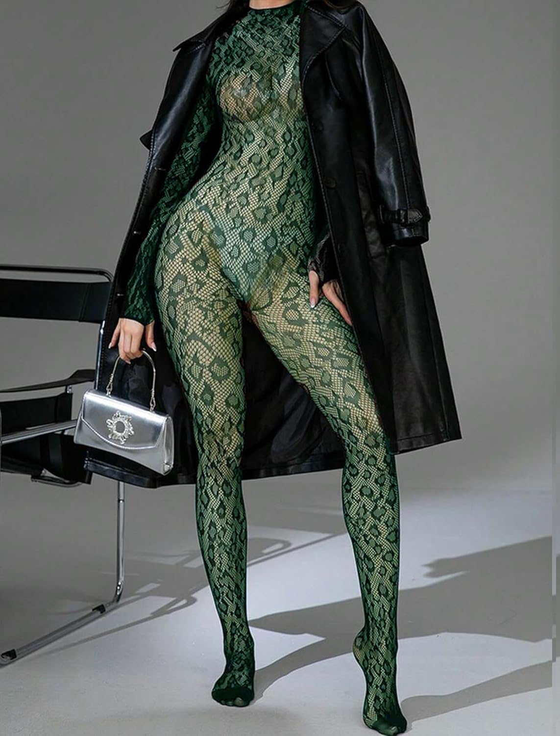 Dark green fishnet mesh bodysuit with long sleeves and high-cut leg openings