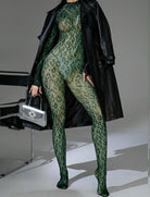 Dark green fishnet mesh bodysuit with long sleeves and high-cut leg openings