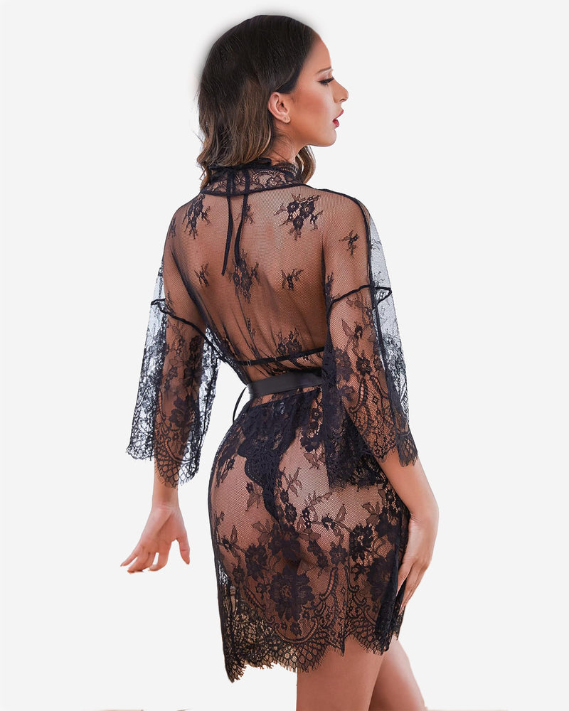 Black lace robe and teddy set with sheer back panel and tie waist, back view