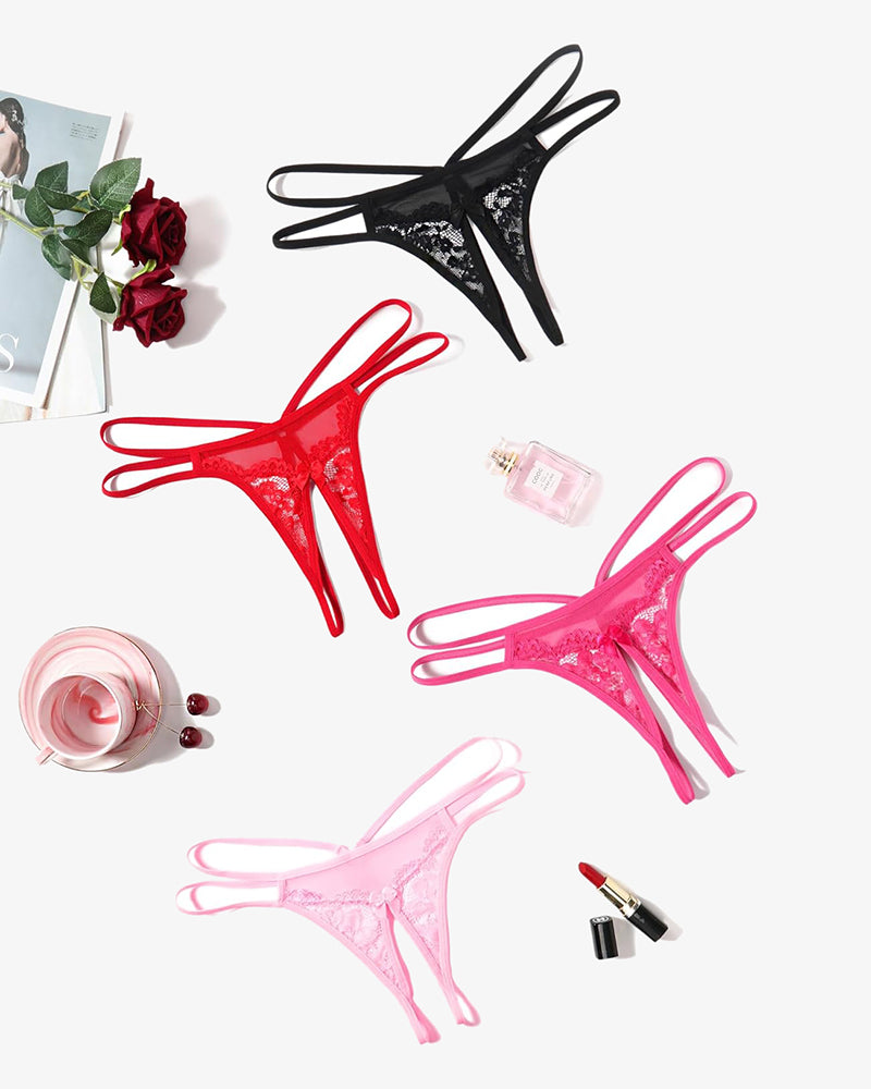 Floral lace G-string set in black, red, and pink