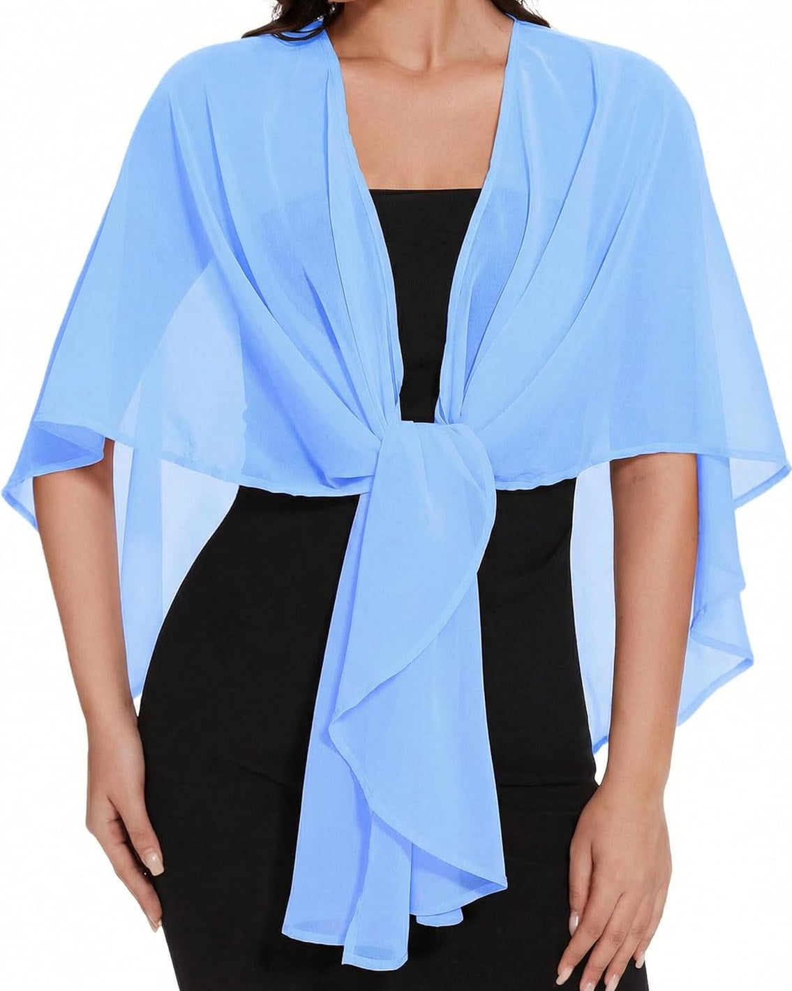 Sheer chiffon shawl wrap, light blue, tied at waist with flowing layered sleeves