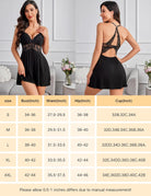 Lace nightgown babydoll lingerie size chart with bust, waist, hip, and cup measurements