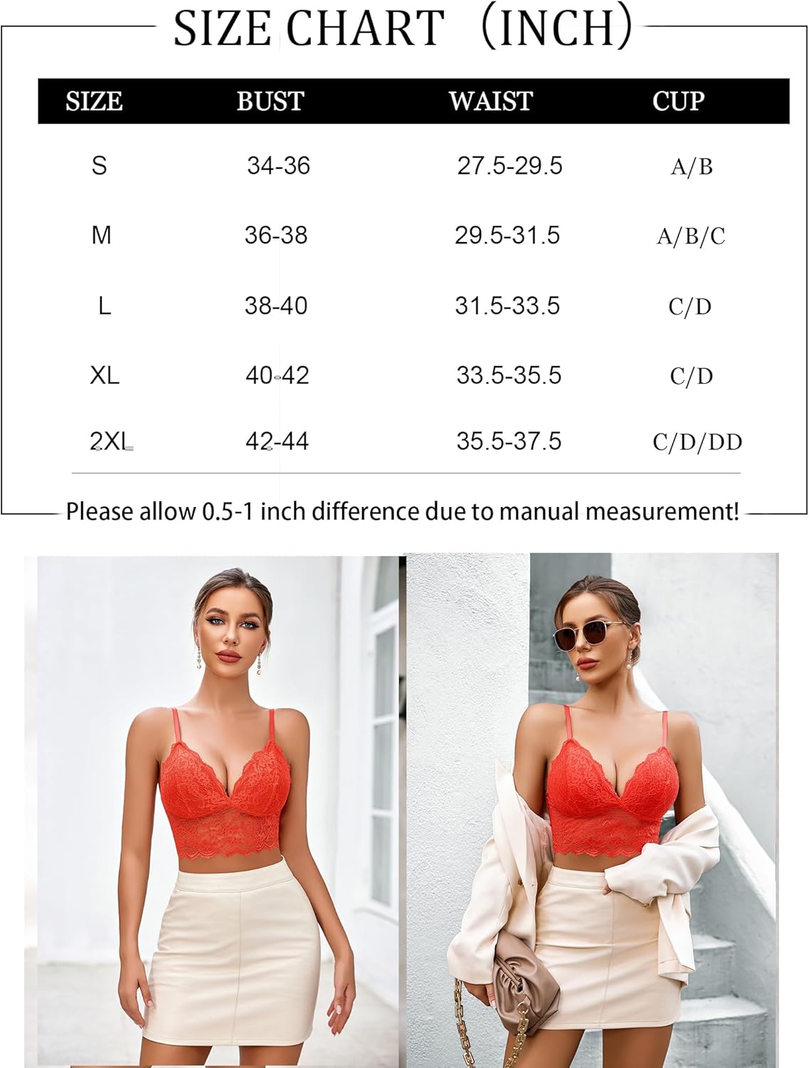 Lace bustier top size chart showing bust, waist, and cup measurements (in inches)