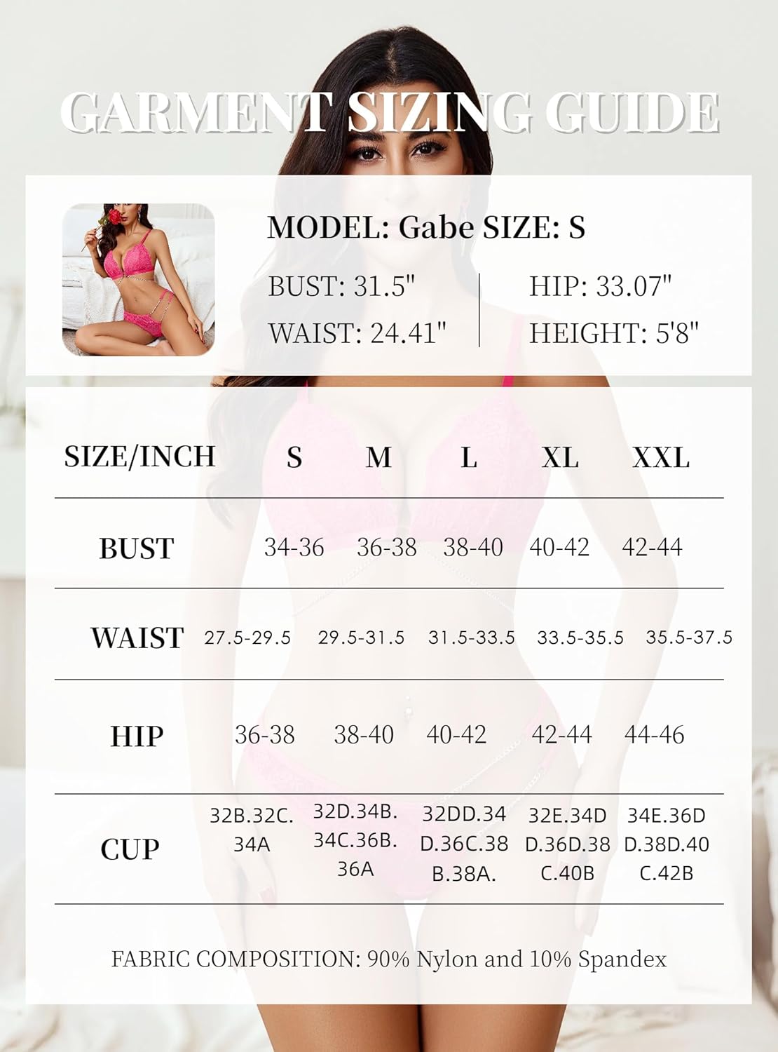 Lingerie sizing guide chart with model measurements and cup size table