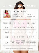 Lingerie sizing guide chart with model measurements and cup size table