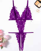 Violet lace deep V bodysuit teddy with bow straps and lace thong coverage