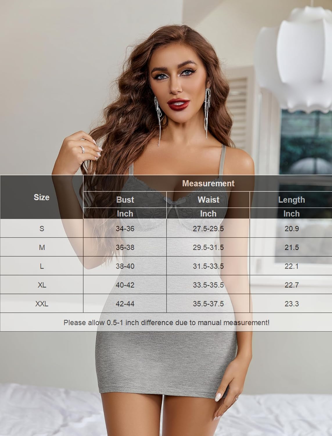 Grey modal slip chemise with lace cups and spaghetti straps, short length