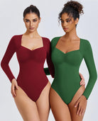 Sweetheart neckline bodysuit tops in burgundy and green, long sleeves, front view