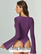 Long-sleeve mesh thong bodysuit, purple