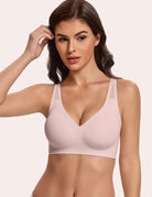Wireless full-coverage bra in nude pink, V-neck, wide adjustable straps