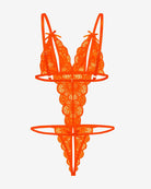 Bright orange lace deep V bodysuit teddy with lace-up bow shoulder straps