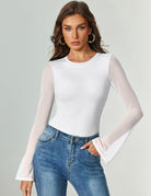 Long sleeve thong bodysuit, white, fitted with flared cuffs