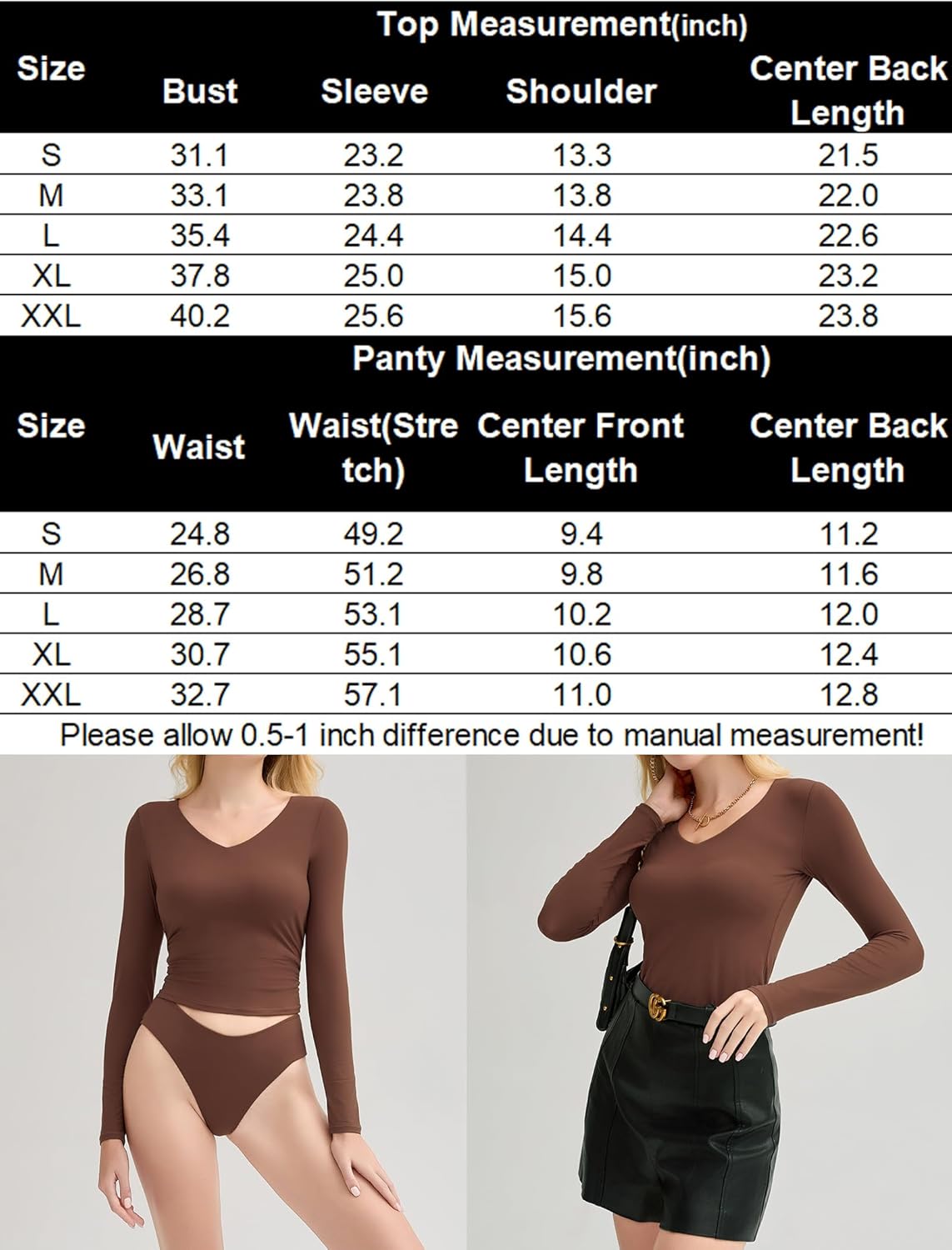 Top and panties size chart showing bust, sleeve, and center back length