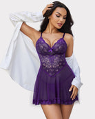 Purple lace chemise nightgown with underwire cups and scalloped hem