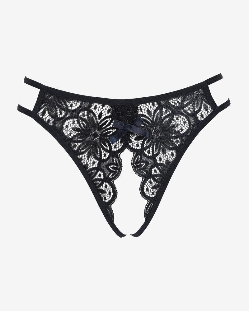Black lace floral thong briefs with center bow and scalloped lace edging.