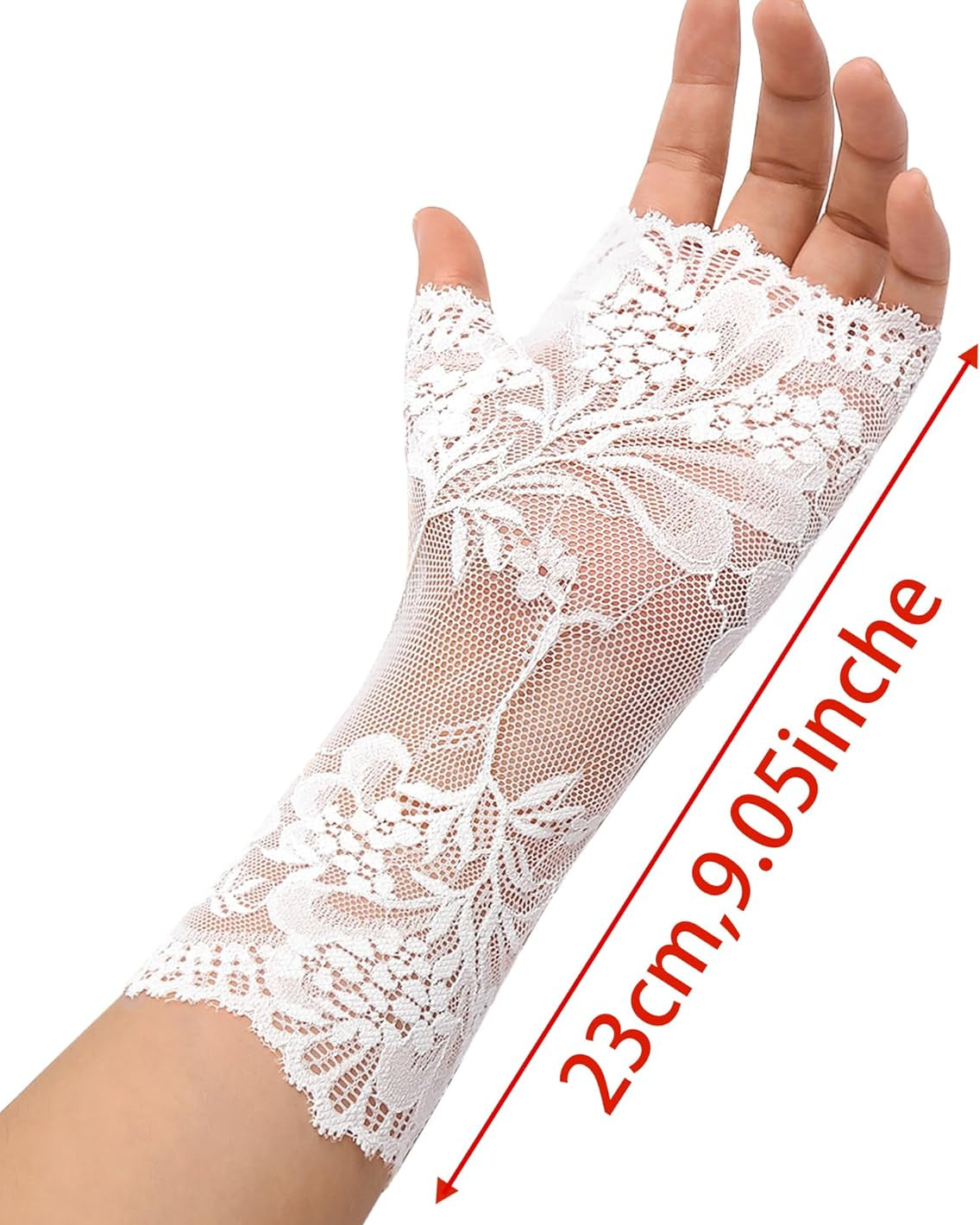 White lace fingerless wrist gloves with floral lace overlay on sheer mesh
