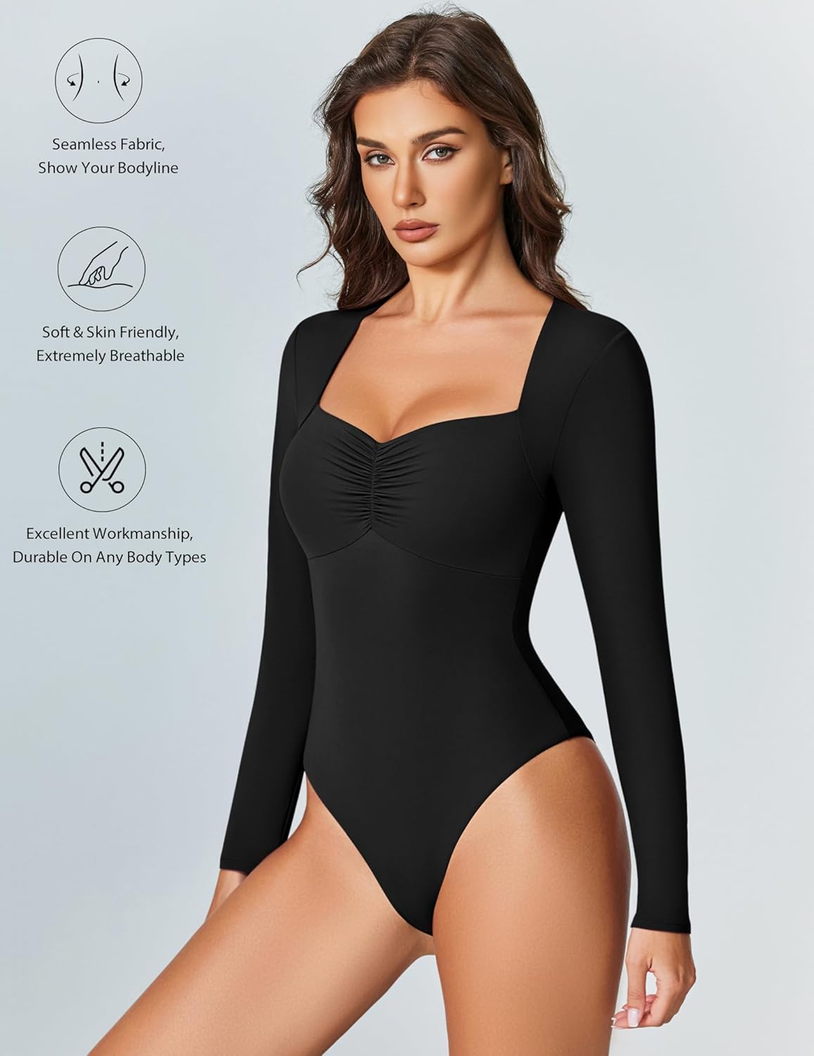 Sweetheart neckline bodysuit top, long sleeves, ruched bust, black.