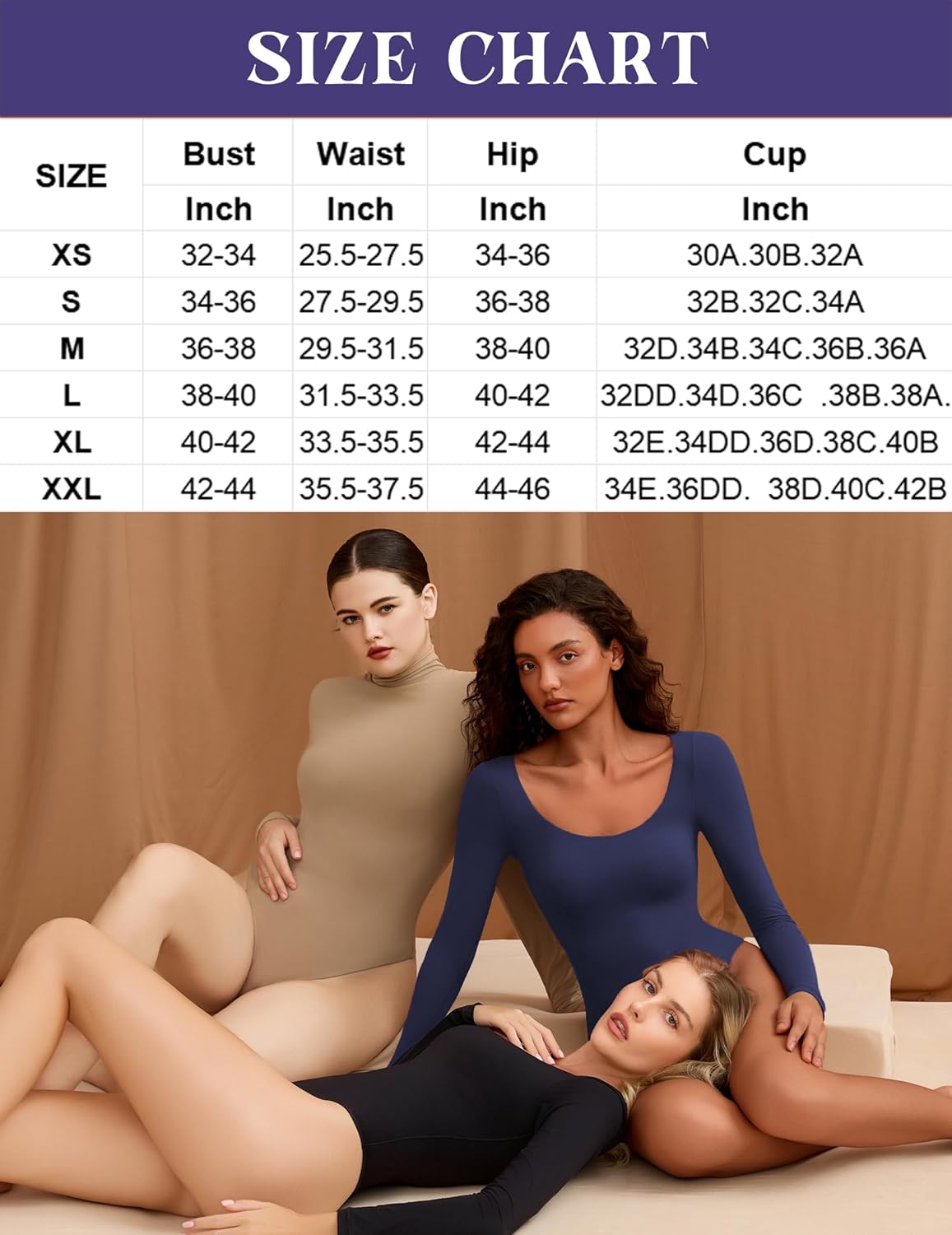 Size chart for Scoop Neck Bodysuit shapewear, with bust and waist measurements