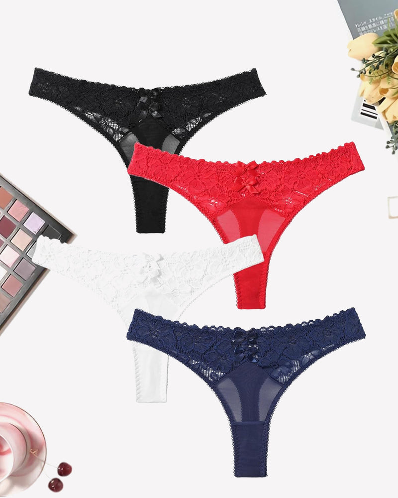 Black mesh lace low-waist thong panties with scalloped edges and bow detail