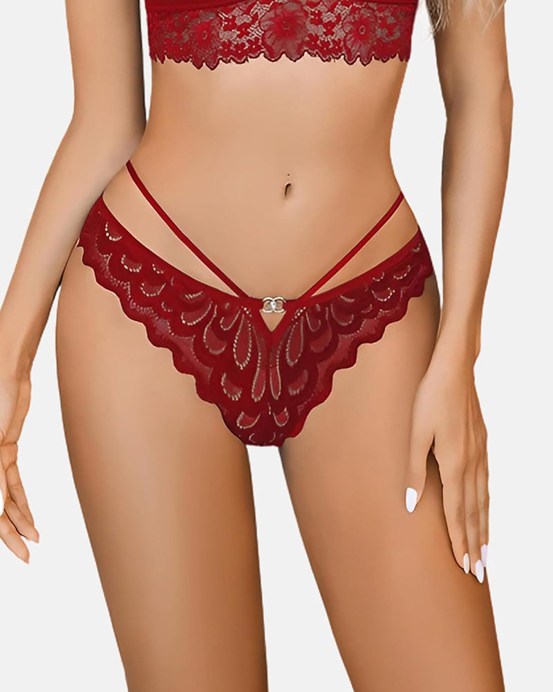 Red lace panties with crisscross back straps and heart charm detail