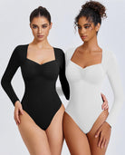 Sweetheart neckline bodysuit tops in black and white, long sleeves, front view