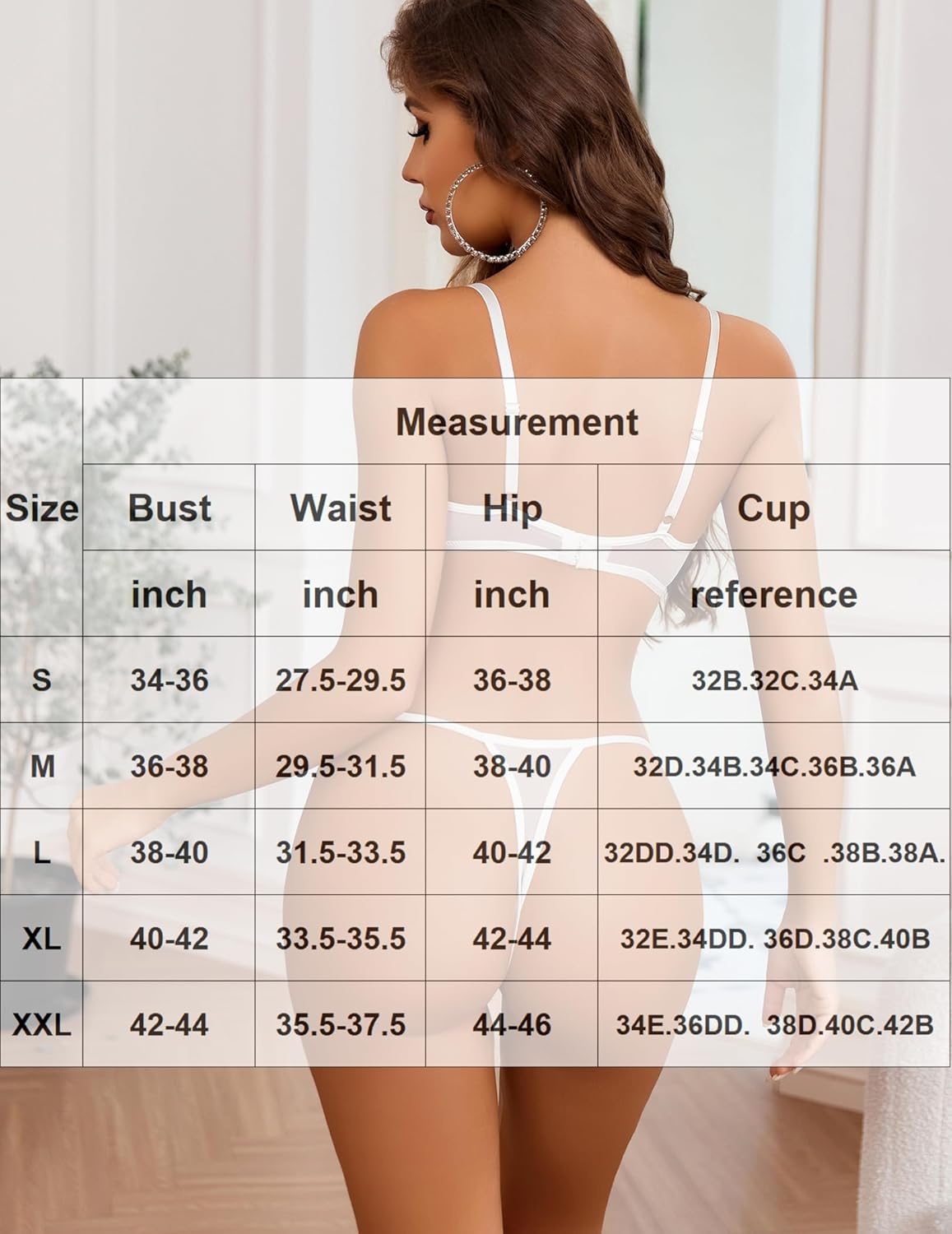 White sheer bra and thong panty set with cutout center, shown from the back