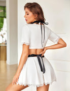 White maid lingerie set with black ribbon ties and lace-trim short sleeves, mini skirt