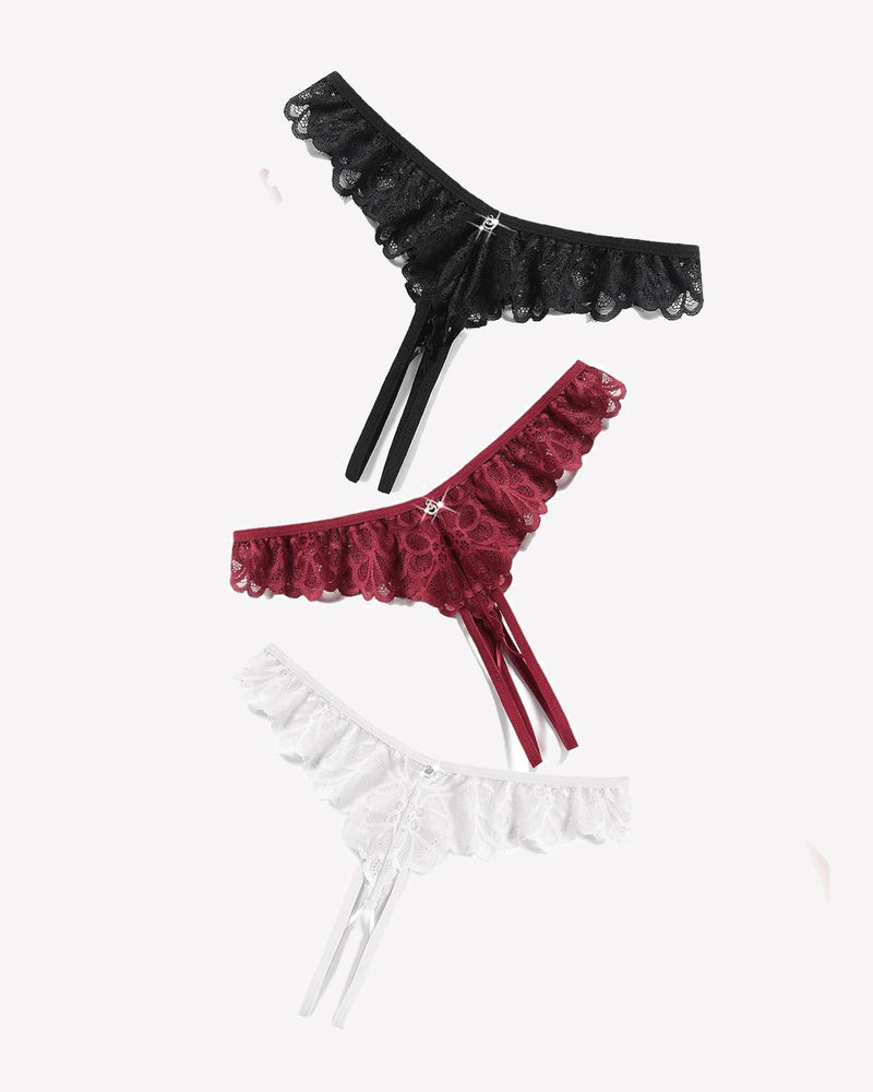 Lace thong briefs set: black, burgundy, and white with crisscross ribbon ties