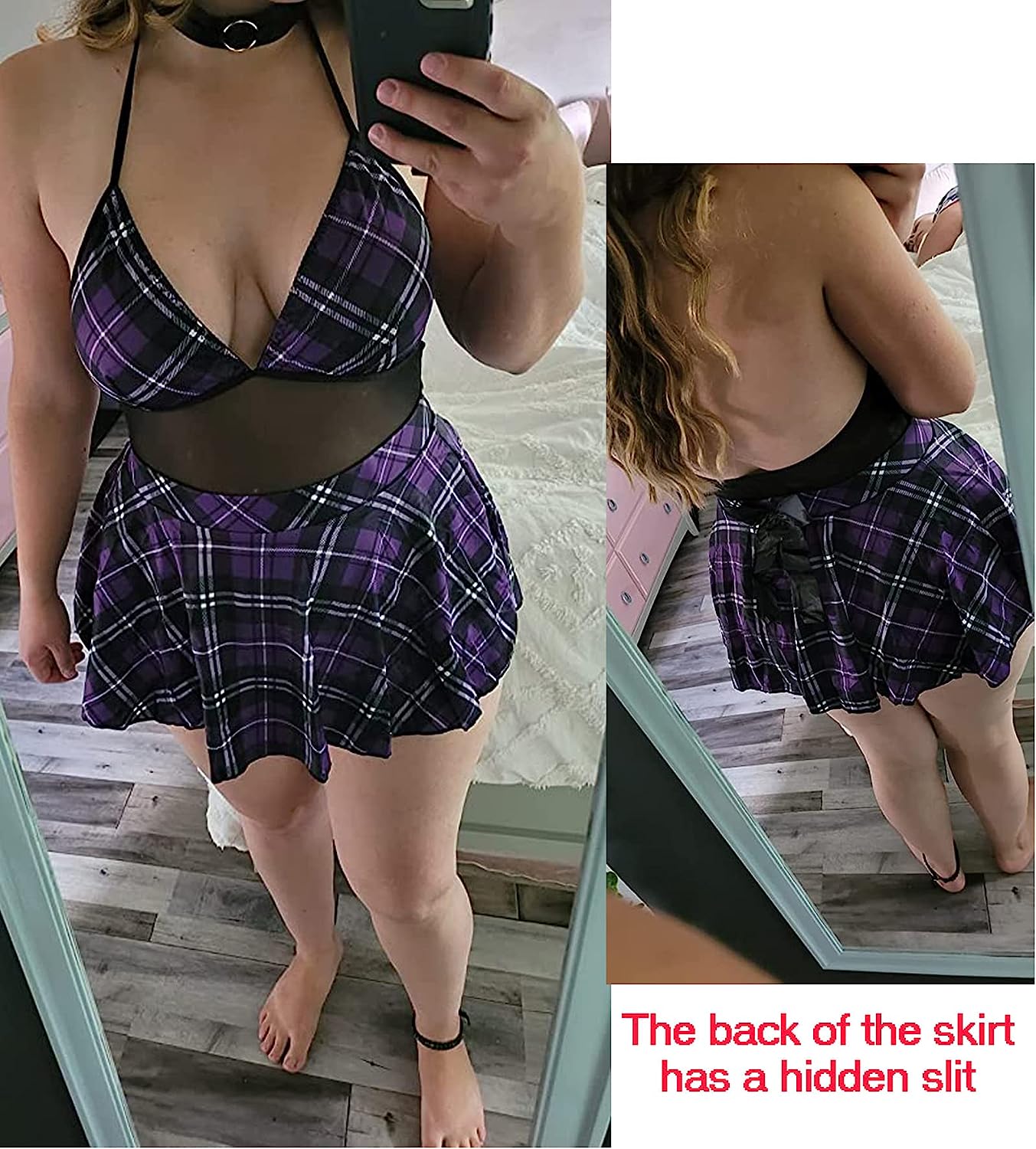Plaid snap-crotch dress with halter bow, black mesh bodice and pleated skater-style skirt
