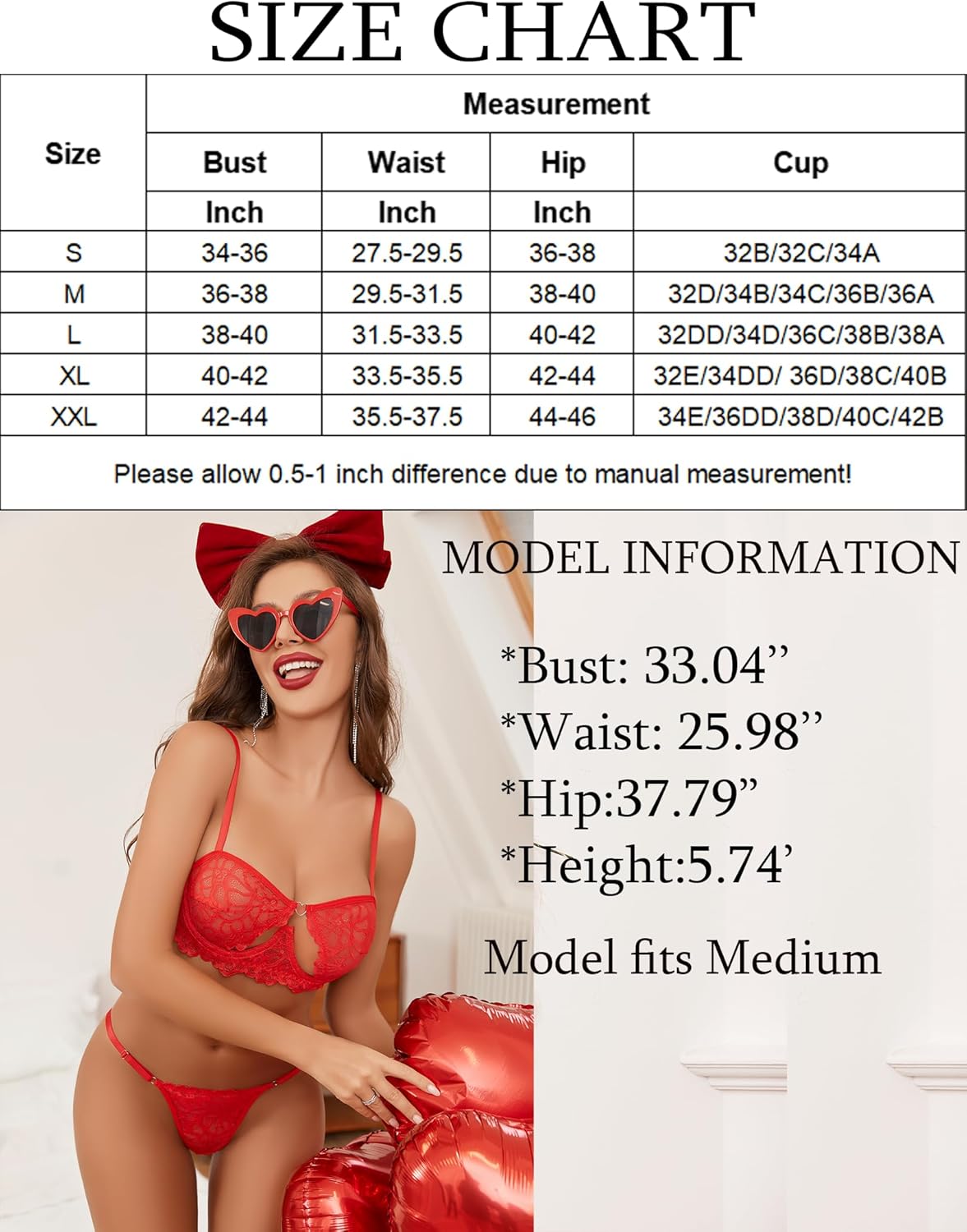 Size chart with model wearing a red lace push-up half cup bra set and thong underwear
