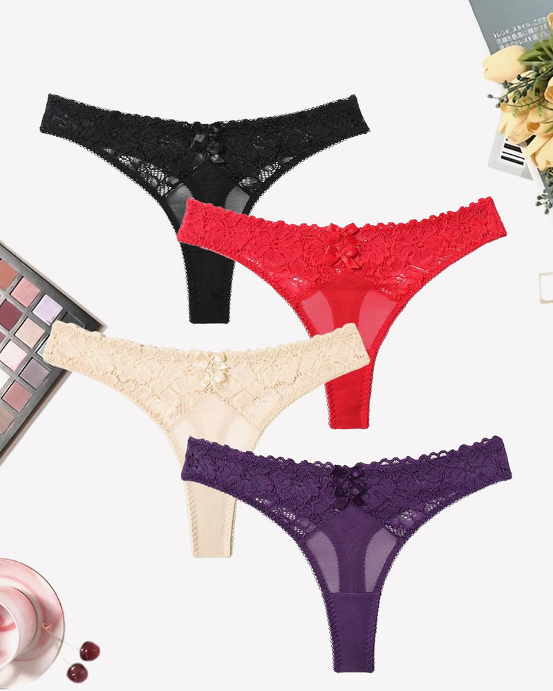 Multicolor mesh lace low-waist thong panties: black, red, cream, and purple
