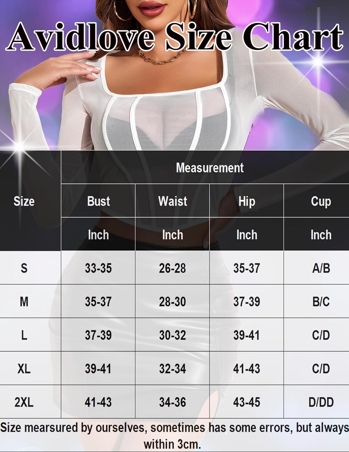 Size chart graphic for mesh crop top: bust, waist, hip, cup measurements