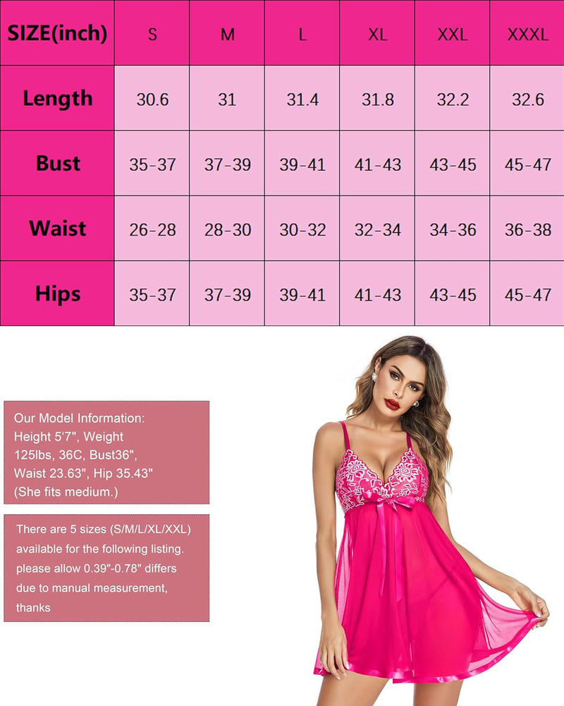 Fuchsia floral lace babydoll mesh lingerie shown with size chart