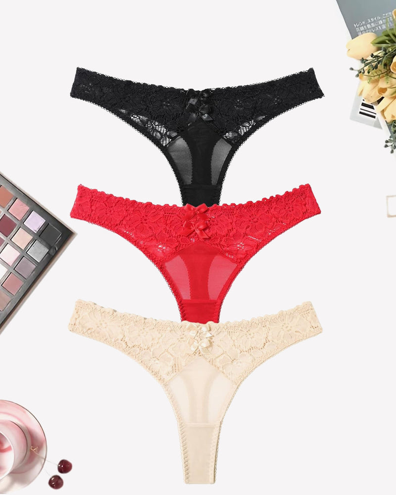 Black, red, and cream mesh lace low-waist thong panties with scalloped lace trim